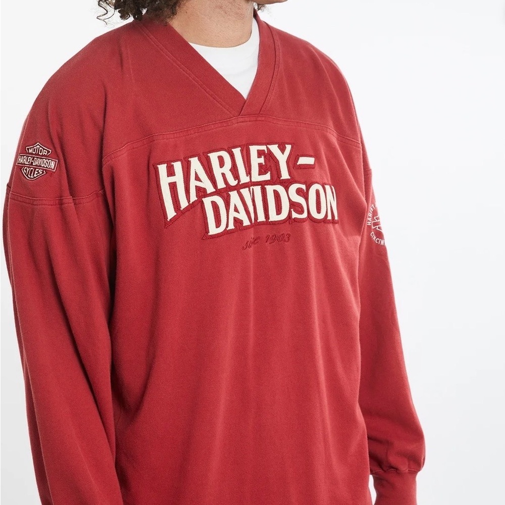 Vintage Harley Davidson Long sleeve Vneck Sweatshirt Mens L Embroidered Red